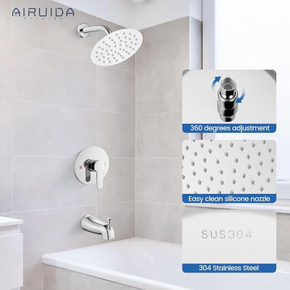 Airuida Shower Faucet Set with Tub Spout,6" Bathtub Faucet-Chrome Polish | Male Threads Rough-In Valve,Round Head Shower System,Tub and Shower Kit Set