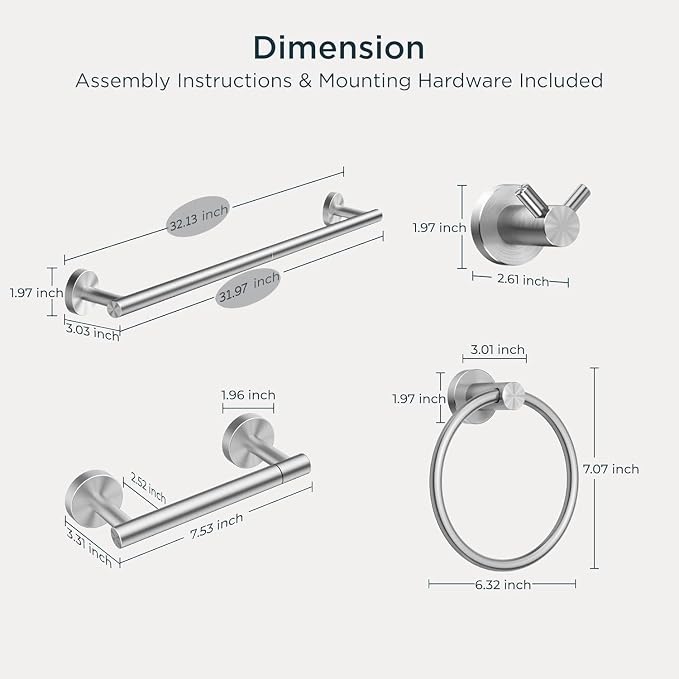 FORIOUS Bathroom Accessories, 4-Piece Bathroom Hardware Set - 30" Towel Bar | Brushed Nickel | Towel Hooks, Towel Racks for Bathroom, Toilet Paper Holder Wall Mounted, Towel Ring | SUS304 Stainless Steel