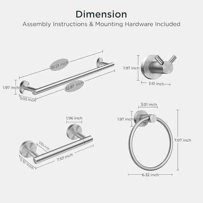 FORIOUS Bathroom Accessories, 4-Piece Bathroom Hardware Set - 30" Towel Bar | Brushed Nickel | Towel Hooks, Towel Racks for Bathroom, Toilet Paper Holder Wall Mounted, Towel Ring | SUS304 Stainless Steel