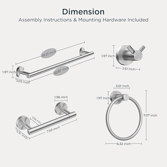 FORIOUS Bathroom Accessories, 4-Piece Bathroom Hardware Set - 30" Towel Bar | Brushed Nickel | Towel Hooks, Towel Racks for Bathroom, Toilet Paper Holder Wall Mounted, Towel Ring | SUS304 Stainless Steel