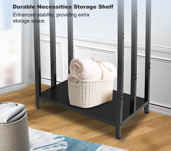 44 Inch Tall Free Standing Towel Rack, Black | 3 Tiers Heavy Duty Blanket Drying Stand Holder with Metal Storage Shelf & 6 Hooks for Bathroom, Pool, Bedroom, Living Room