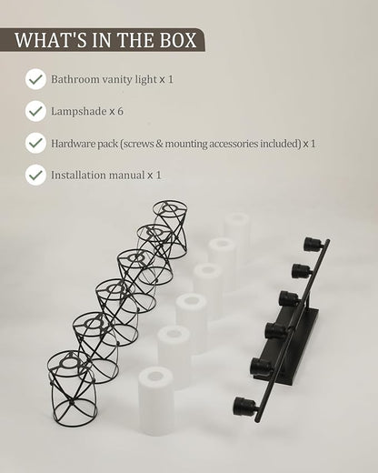 6-Light Matte Black Bathroom Light Fixtures Over Mirror, 42" UL-Listed Modern Farmhouse Wall Sconce Lights with Milk White Frosted Glass and Metal Cage for Bath, Hardwire E26, CH9176BKW-6W