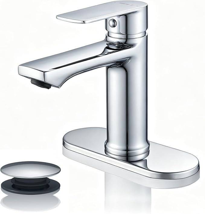 BELZ Chrome Bathroom Faucet, Lead-Free 1 or 3 Hole (4") Vanity Sink Faucet | NSF372 Compliant, Anti-corrosion Coating, 6'' Single Handle Sink Faucet with pop-up drain & hot/cold hoses, Easy DIY Install