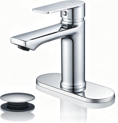 BELZ Chrome Bathroom Faucet, Lead-Free 1 or 3 Hole (4") Vanity Sink Faucet | NSF372 Compliant, Anti-corrosion Coating, 6'' Single Handle Sink Faucet with pop-up drain & hot/cold hoses, Easy DIY Install