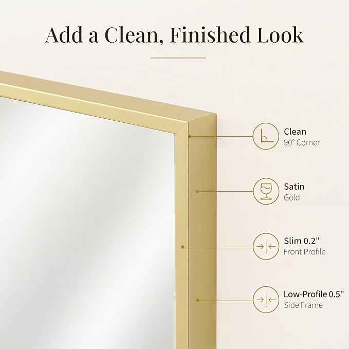 24x36 Satin Gold Framed Rectangle Bathroom Vanity Wall Mirror | Over-Sink Vanity Mirror, Slim Metal Frame, Entryway or Dresser Use, Vertical/Horizontal Mount, Tempered Glass