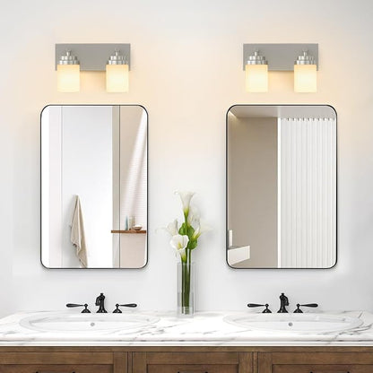 IZORRO Bathroom Vanity Light Fixture, 2-Light 15 Inch Brushed Nickel Bathroom Light Fixtures Over Mirror, with White Glass Shade, Modern Farmhouse Vanity Lights, Rustic Restroom Lighting Fixtures