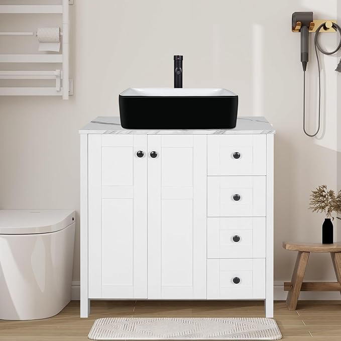 32" White Bathroom Vanity with Engineered Wood Marble Texture Top and 4 Drawers, Modern Standing Pedestal Cabinet with Black and White Ceramic Sink