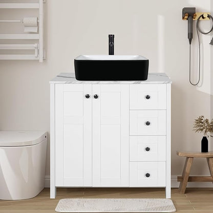 32" White Bathroom Vanity with Engineered Wood Marble Texture Top and 4 Drawers, Modern Standing Pedestal Cabinet with Black and White Ceramic Sink