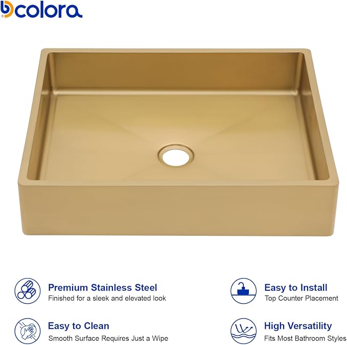 Dcolora 19 In. Gold Drop In Bathroom Vessel Sink, 16 Gauge Stainless Steel, Rectangle Design with Drain Assembly, 15"D x 19"W x 4"H #DC-VS261204