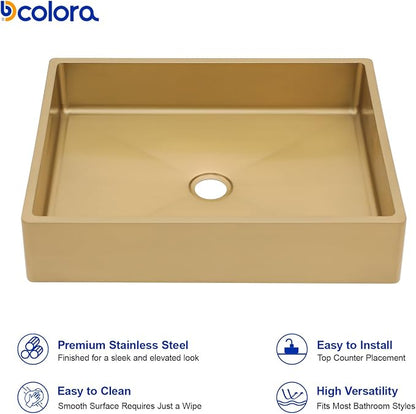 Dcolora 19 In. Gold Drop In Bathroom Vessel Sink, 16 Gauge Stainless Steel, Rectangle Design with Drain Assembly, 15"D x 19"W x 4"H #DC-VS261204