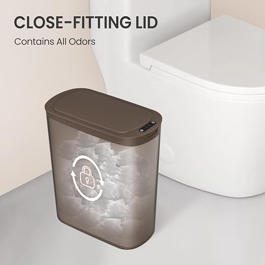 Cesun Automatic Motion Sensor Bathroom Trash Can with Lid, 2.6 Gallon Touchless Trash Bin, Smart Plastic Slim Garbage Can Small Brown Wastebasket for Toilet, Office, rv, Bedroom, Living Room | Motion Sensor, Plastic, Touchless, Odor Control, Smart Garb...