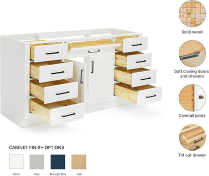 ARIEL Hepburn 60-inch Bathroom Vanity Base Cabinet,Solid Wood, 2 Soft Closing Doors, 9 Dovetail Drawers, White