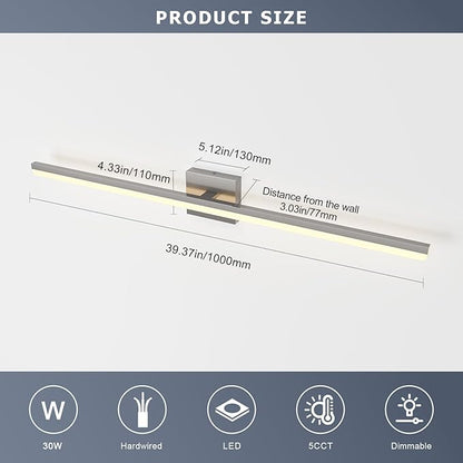 Brushed Nickel Bathroom Vanity Light Bar 5CCT Dimmable Bathroom Light Fixtures Over Mirror Modern LED Vanity Lighting Bath Light ETL Certificated 39.4 inch