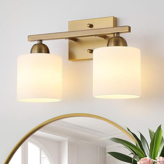Milk Glass Vanity Lights for Bathroom, 2 Light Brass Bathroom Light Fixtures Over Mirror, Ceramic E26 Sockets Wall Mounted