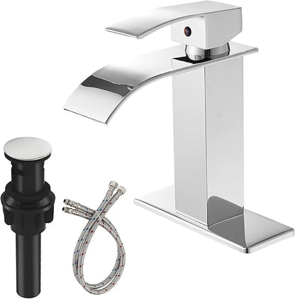 Chrome Bathroom Faucet, Waterfall Bathroom Sink Faucet, Bathroom Faucet 1 Hole, Single Handle Mixer Tap Lavatory Vanity Bath Commercial with Pop Up Drain Combo with Overflow