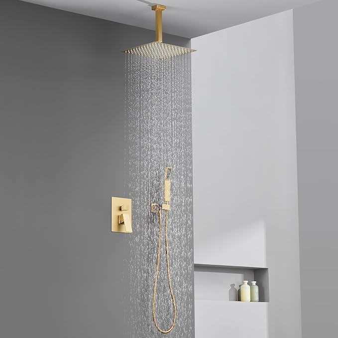 Shower System 12 Inches Rain Shower Combo Set Brushed Gold Ceiling Mount Shower Faucet Bathroom Faucets with Rainfall Shower Head and Hand Shower