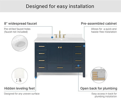 ARIEL Cambridge 48-inch Bathroom Vanity with Sink,Solid Wood, 1.5-inch Pure White Quartz Countertop & Backsplash, Single Oval Porcelain Sink, 2 Soft Closing Doors, 9 Dovetail Drawers, Midnight Blue