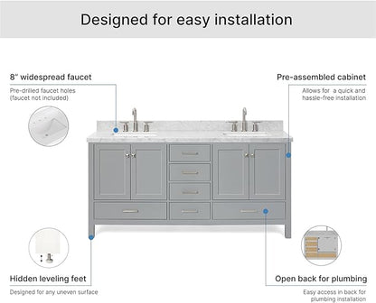 ARIEL Cambridge 72-inch Bathroom Vanity with Sink,Solid Wood, 1.5-inch Italian Carrara Marble Countertop, Double Rectangular Porcelain Sink, 4 Soft Closing Doors, 6 Dovetail Drawers, Grey