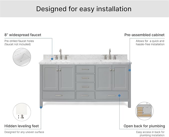 ARIEL Cambridge 72-inch Bathroom Vanity with Sink,Solid Wood, 1.5-inch Italian Carrara Marble Countertop, Double Rectangular Porcelain Sink, 4 Soft Closing Doors, 6 Dovetail Drawers, Grey