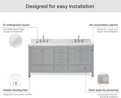 ARIEL Cambridge 72-inch Bathroom Vanity with Sink,Solid Wood, 1.5-inch Italian Carrara Marble Countertop, Double Rectangular Porcelain Sink, 4 Soft Closing Doors, 6 Dovetail Drawers, Grey