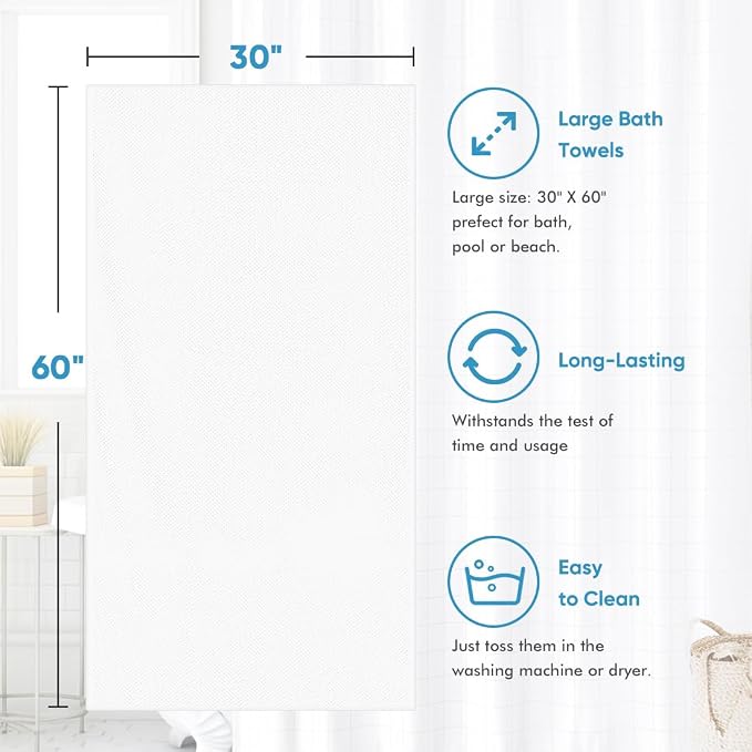 HOMEXCEL 4PK Bath Towel Set, 30x60 in, Absorbent Large Towels for Bathroom | Ultra Soft, Lightweight, Quick Dry Towels for Pool, Beach, Swim, Yoga, SPA, White
