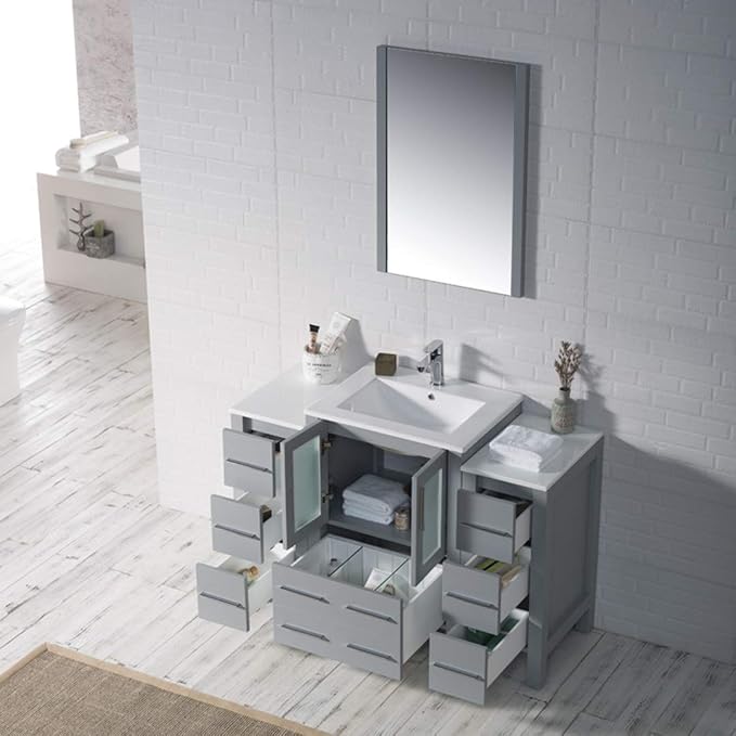 Blossom 48 Inch Bathroom Vanity with Sink - Metal Grey Solid Wood Cabinet with Tempered Glass & Side Storage Towers - Clearance Bathroom Vanity - Integrated Sink Countertop - Bathroom Sink Vanities