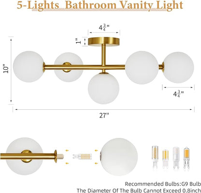 Gold Bathroom Vanity Light Fixtures,5 Lights Mid Century Modern Wall Sconce | Milk Glass Globe Wall Sconce Lighting,Modern Brushed Gold Brass Champagne Bronze Bathroom Vanity Light over Mirror,G9 Base
