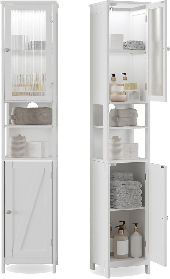 ChooChoo Narrow Bathroom Storage Cabinet with Light, Space Saving | Space Saving,Tall Bathroom Storage Cabinet, 5-Tier, 2 Doors, Slim, Freestanding, Adjustable Shelves, White