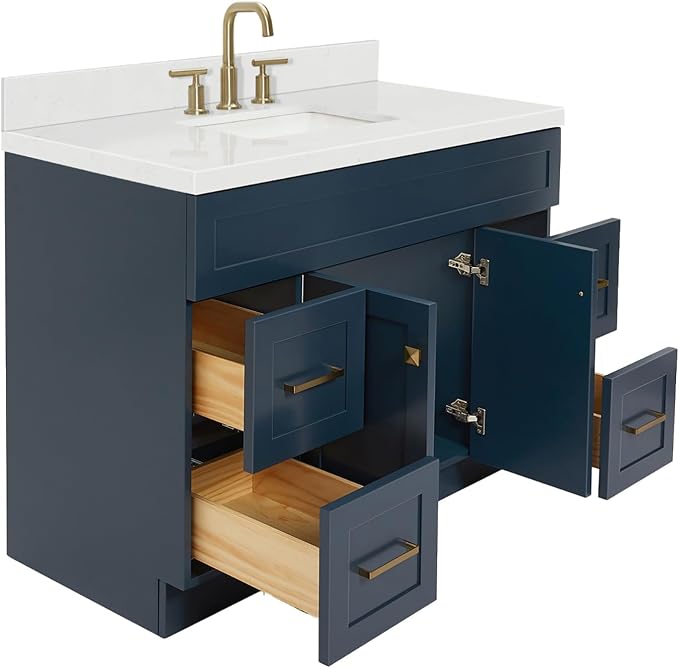 Bradford 48-Inch Bathroom Vanity with Sink — Midnight Blue Single Sink Bathroom Vanity, 1.5" Edge Carrara White Quartz Countertop, Solid Wood, 2 Soft-Close Doors, 4 Full Extension Dovetail Drawers