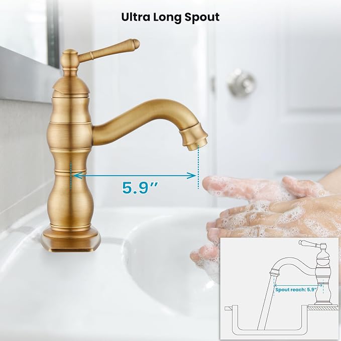 gotonovo Bathroom Faucet 1 Hole Vintage,Antique Brass,5.9” Spout Reach | Bathroom Sink Faucet for 1 or 3 Hole Single Handle,Deck Plate,360° Swivel Spout,Pop Up Drain,cUPC Supply Hoses,for Vanity RV