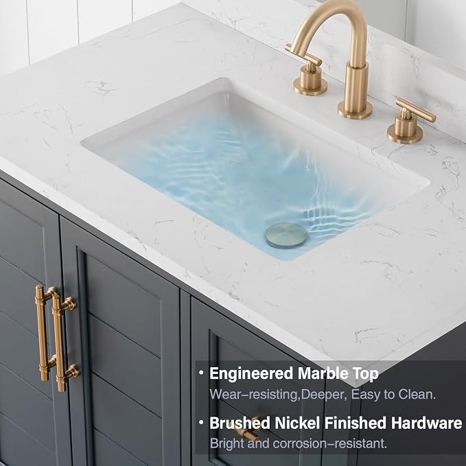Vanity Art 36 Inch Bathroom Vanity with Single Sink, Vintage Spruce Blue | Solid Wood, Ceramic Sink, Marble Top, Waterproof Backsplash, Pre-assembled, Soft-close Doors, Ample Storage, Freestanding