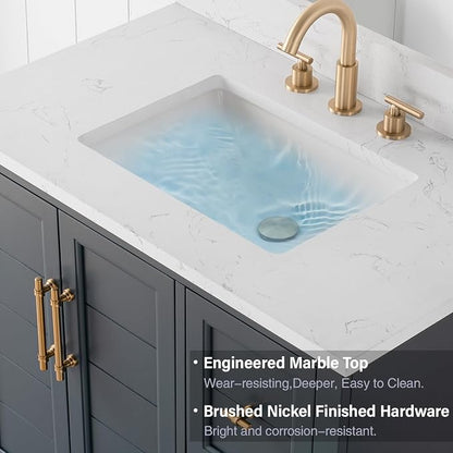 Vanity Art 36 Inch Bathroom Vanity with Single Sink, Vintage Spruce Blue | Solid Wood, Ceramic Sink, Marble Top, Waterproof Backsplash, Pre-assembled, Soft-close Doors, Ample Storage, Freestanding