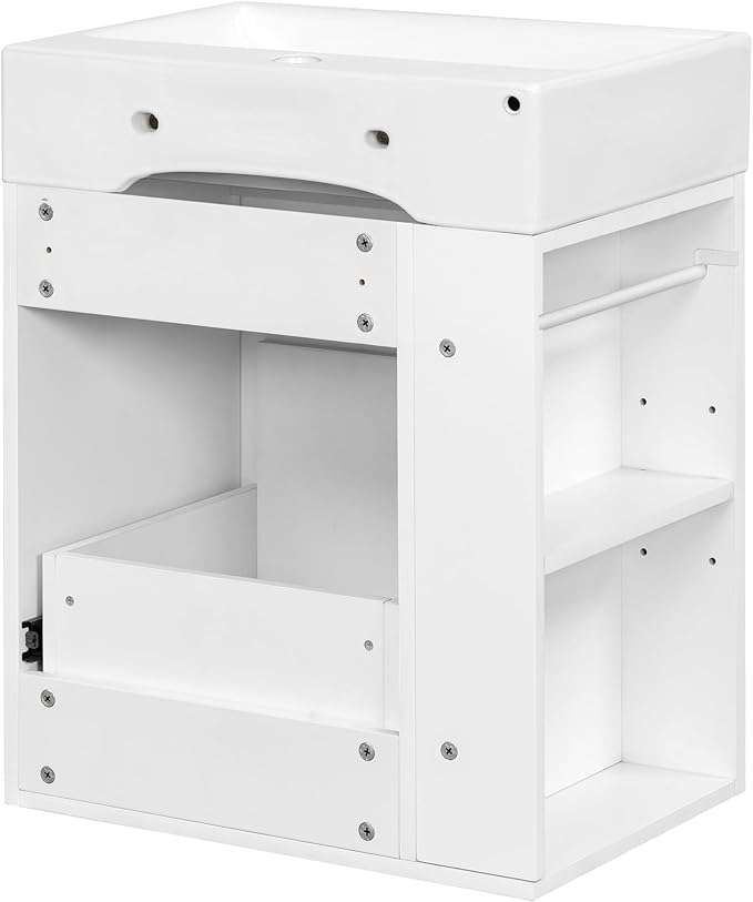 Harper & Bright Designs 20" Bathroom Vanity with Sink, Wall-Mounted Single Basin Vanity Set with One Drawer & Two-Tier Left Side Storage Shelf, Storage Cabinet with Ceramic Basin for Bathroom, White