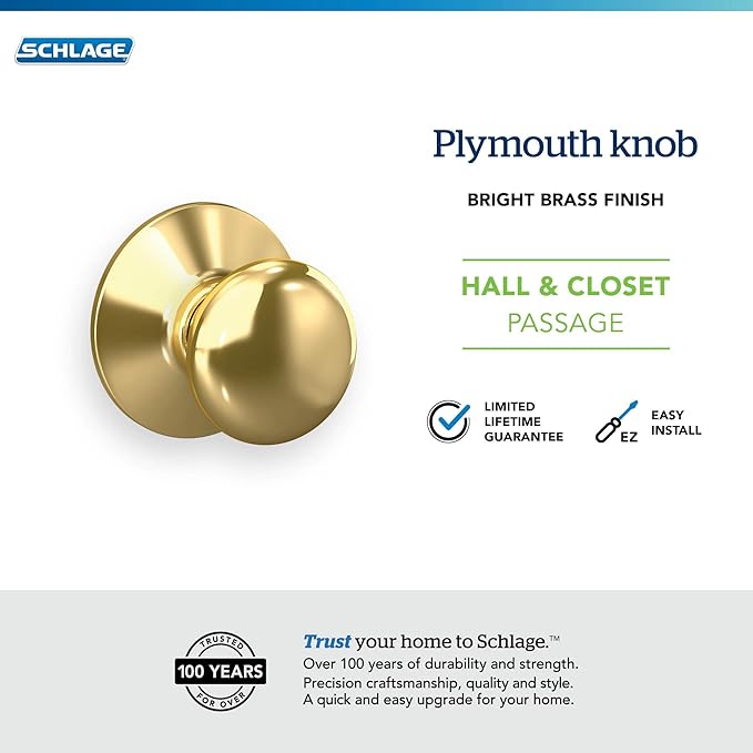 Schlage F10 PLY 605 Plymouth Door Knob, Hall & Closet Passage Lock, Bright Brass