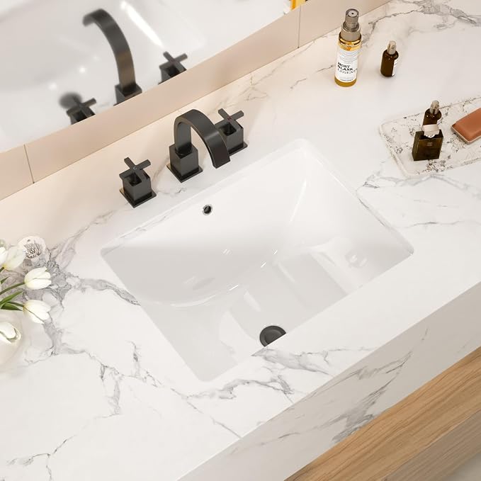 White Ceramic 18"x14" Undermount Bathroom Lavatory Sink | Rectangle under counter white bathroom vessel sink for bathroom with overflow