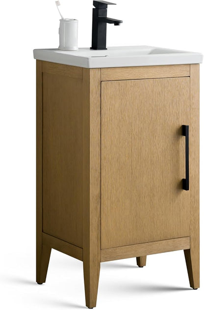 Vanity Art 20 inch Bathroom Vanity with Single Sink & Ceramic Top, Vanity Cabinet with Soft-Closing Doors, Solid Wood Frame, Natural Oak,VA9020-NO-MB1