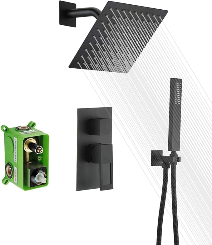 SUMERAIN Bathroom Matte Black Shower System Fixtures | 8" Stainless Steel High Pressure Rain Shower, Brass Rough-in Valve, Hand Shower, Concealed Box Design