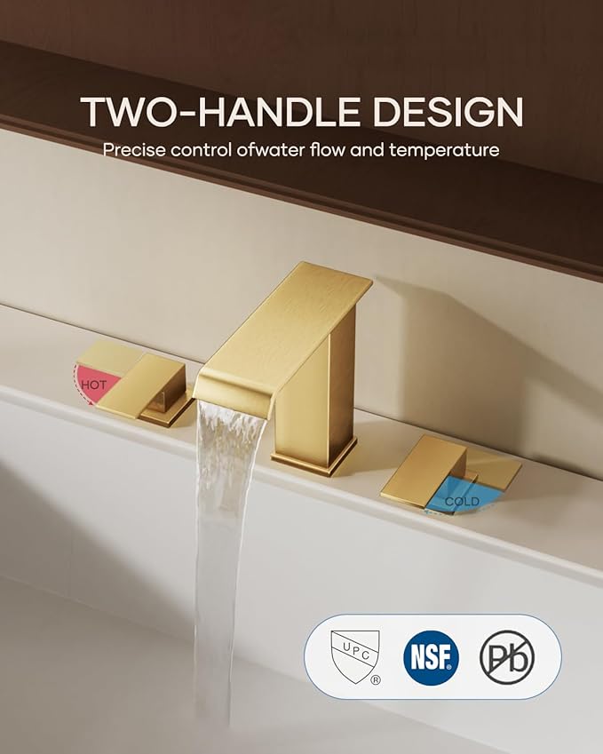 Waterfall Bathroom Faucet 3 Hole, Brushed Gold 8 Inch Widespread Modern 3 Piece Bathroom Sink Faucets & Parts, Touch On Lavatory Faucet for Bathroom Vanity