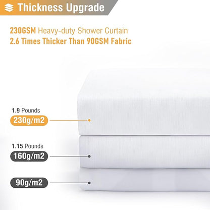 BTTN Extra Long Shower Curtain 72x96 inches, Tall Linen Textured Heavy Duty Fabric Shower Curtain Set with 12 Plastic Hooks, Large Classic Hotel Polyester Cloth Shower Curtains for Bathroom, White