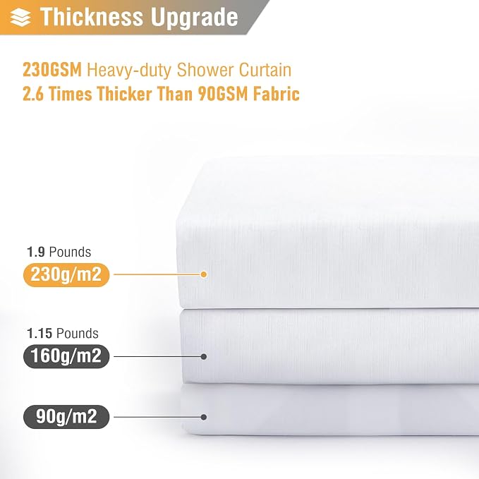 Long Linen Textured Waterproof Thick Shower Curtain Set, 72x84, White | Tall Size, 230GSM Polyester, Heavy Duty Cloth, Weighted Hem, 12 Plastic Hooks, Modern Luxury Hotel Style, Machine Washable