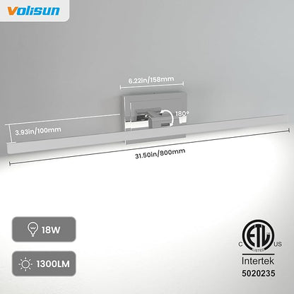 VOLISUN Modern Bathroom Vanity Light 31.5 inch, Rotatable, 18W Dimmable 5CCT Led Bathroom Light Fixture Over Mirror, Chrome Vanity Light for Bathroom Mirror Cabinets-ETL Certificated