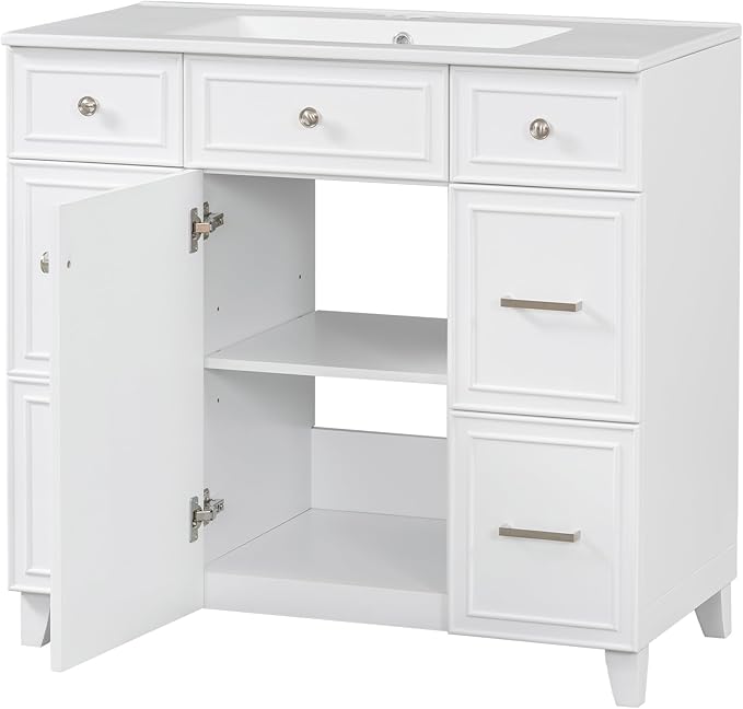 Favfurish 36" Bathroom Vanity with Ceramic Sink,Undermount Single Basin Bath Vanity Set w/Soft Closing Door and 3 Drawers,Modern Freestanding Storage Cabinet,Solid Wood Frame,White