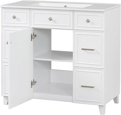 Favfurish 36" Bathroom Vanity with Ceramic Sink,Undermount Single Basin Bath Vanity Set w/Soft Closing Door and 3 Drawers,Modern Freestanding Storage Cabinet,Solid Wood Frame,White
