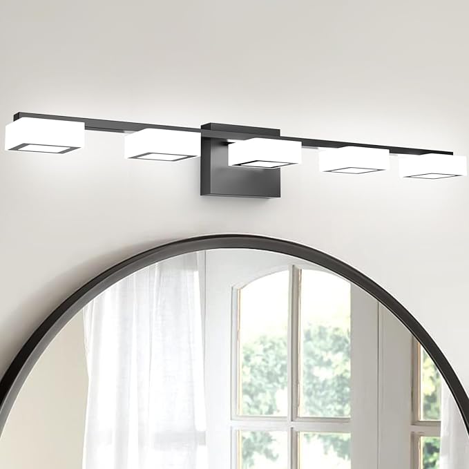 LED Modern Bathroom Light Fixtures Over Mirror, 5-Light Dimmable Vanity Lights, Matte Black Acrylic Bathroom Vanity Light, 2700K-6500K Adjustable, ETL Certificated
