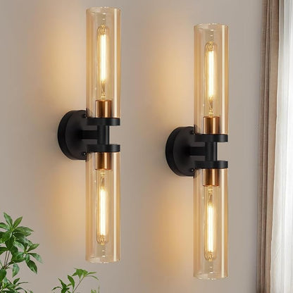 Indoi Wall Sconces Set of Two, Hardwired Black and Gold Bathroom Sconces Wall Lights with Amber Glass, Modern Sconces Wall Decor Set of 2 Vanity Light fixtures for Bathroom Mirror Living Room