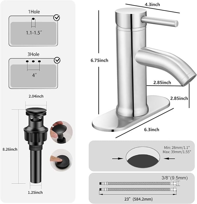 Brushed Nickel Bathroom Faucets Single Hole Bathroom Sink Faucet | Modern Single Handle Bathroom Faucte 1 or 3 Hole, RV Sink Vanity Faucet (with Drain, Brushed Nickel)