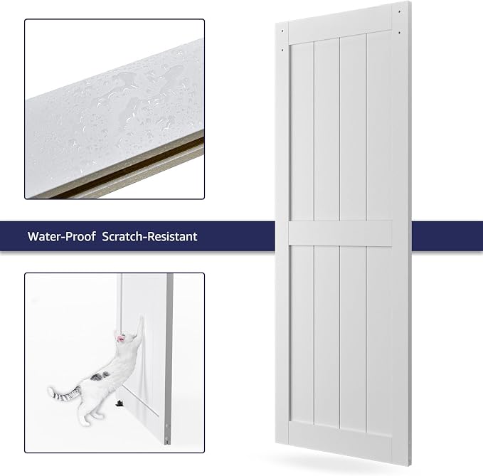 32in x 80in MDF Sliding Barn Door with 6ft Barn Door Hardware Kit & Handle | White Solid Barn Door Slab Covered with Water-Proof PVC Surface, Pre-Drilled Holes Easy Assembly, H-Frame