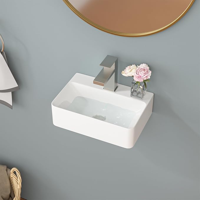 Sarlai Small Wall Mounted Vessel Sink Floating Corner Bathroom Sink | Wall Mount Ceramic Wall hung Pure Glossy White Ceramic Wash Basin 14.5x10x4.2 Inch for Tiny Room