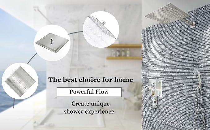 16 Inch Square Rain Shower Head | 304 Stainless Steel, 324 Jets, Ultra Thin High Pressure Bathroom Rainfall Showerhead, Brushed Nickel