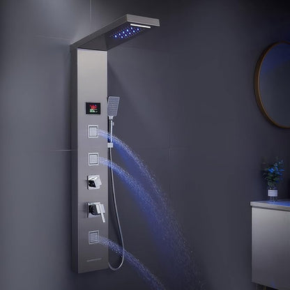 MENATT LED Shower Panel, 5-in-1 Shower Tower System, Rainfall & Waterfall Shower Head, Massage Jets, Tub Spout, Handheld Shower (Brushed)